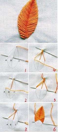 four pictures showing how to make a leaf with yarn and thread, including the leaves being stitched together