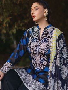 Brand: Zainab ChottaniProduct Code: D-10B FREYACollection: Tahra by Zainab Chottani Unstitched Luxury Lawn CollectionFabric: Lawn DESCRIPTION: This fun and flirty three-piece ensemble is a playful mix of print-on-print, designed to ignite your spirit and turn heads wherever you go. Each piece bursts with personality, promising a look that's as dynamic as it is daring. Available in two captivating color variations: electrifying red on a crisp white base and sleek black with mesmerizing blue accents. DESIGN DETAILS: Digital Printed Front Fabric (1.19 Mtrs.) Digital Printed Back Fabric (1.19 Mtrs.) Digital Printed Sleeves Fabric (0.6 Mtr.) Plain Dyed Pants Fabric (2.5 Mtrs.) Digital Printed Chiffon Dupatta (2.5 Mtrs.) Embroidered Neckline On Organza (1 Pc.) Embroidered Sleeves Border On Organ Semi-stitched Lawn Suit With Intricate Embroidery, Unstitched Embroidered Cambric Fabric, Resham Embroidery On Cambric Fabric, Resham Embroidered Cambric Fabric, Blue Silk Lawn Suit With Printed Motifs, Multicolor Embroidered Salwar Kameez With Printed Motifs, Traditional Black Sets With Printed Motifs, Black Traditional Sets With Printed Motifs, Black Unstitched Lawn Suit With Intricate Embroidery