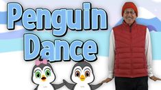 a man standing next to a penguin with the words penguin dance on it's chest