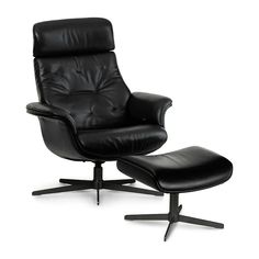 a black leather recliner chair and ottoman with footstool in front of a white background