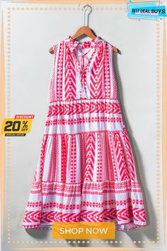 Red Geometric Print Tassel Tie Notch Neck Sleeveless Dress Red Bohemian Sleeveless V-neck Dress, Chic Sleeveless Dress With Tassels, Chic Sleeveless Tassel Dresses, Red Summer Dress With Tassels, Red Tassel Dress For Spring, Pink Sleeveless Dress With Tassels, Pink Sleeveless Dresses With Tassels, Red V-neck Dress With Tassels, Spring Sleeveless Dresses With Tassels