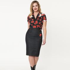 Brand New High-Waisted Black Denim Pencil Skirt From Unique Vintage. Size Is An Xs/Us Size 2 But Fits Closer To An Xxs With Minimal Stretch. For Reference, I Have A 24" Waist And 35" Hips But Couldn't Get The Skirt Above My Hips. The Skirt Is 12" Across The Waist, 15" Across The Hips, And 27" From Waist To Bottom. Will Accept Listed Price Or Best Offer. Casual Fitted Denim Skirt For Work, Fitted Casual Denim Skirt For Workwear, Dark Wash Fitted Pencil Skirt Casual, Fitted High Waist Dark Wash Skirt, Retro Fitted Denim Skirt For Spring, Fitted Retro Denim Skirt For Spring, Fitted Denim Skirt For Work, Fitted Black Denim Skirt, Retro Fitted Denim Skirt With Pockets