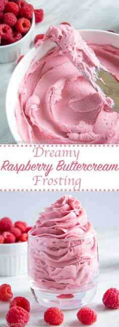 raspberry buttercream frosting in a bowl with fresh raspberries