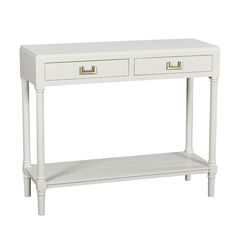 a white console table with two drawers on one side and an open drawer on the other