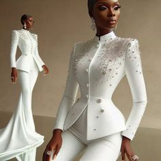 Nanice Weddings | Wedding dresses in Accra | Civil Wedding Ideas ! Yes or no? . . . . @weddingdresslookbook @weddingsonpoint @bridaldiaryy @wedding.diaries @xclusiveweddin… | Instagram Women Wedding Suit With Train, Civil Wedding Suit Brides, White Bridal Suit For Women, Registry Wedding Dress Nigeria Jumpsuit, Luxury Elegant White Pantsuit