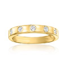 Ross-Simons - .25 ct. t. w. Diamond Ring in 18kt Yellow Gold. Size 7. We guarantee your stack is in need of some sparkle. Dotted with .25 ct. t. w. round brilliant-cut diamonds along the polished 18kt yellow gold band, this pretty ring will get along with jewelry of any other metal or gemstone. 1/8" wide. Diamond ring. Diamond birthstones are the perfect gift for April birthdays. Yellow Gold Diamond Channel Set Stackable Rings, Yellow Gold Diamond Stackable Rings Channel Set, Gold Band With Diamonds, Gold Wedding Bands Women, Wishbone Ring, Pretty Ring, Diamond Birthstone, Ring Ideas, Jewelry Essentials