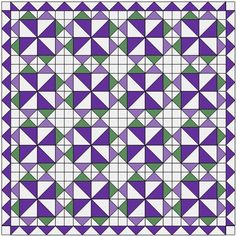 a quilt pattern with green and purple triangles on the bottom, one diagonal triangle in the middle