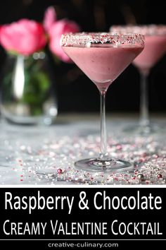 raspberry and chocolate creamy valentine cocktail with sprinkles on the table