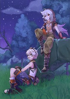 two anime characters sitting in the grass