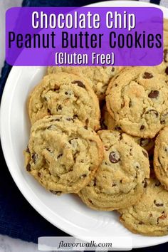 chocolate chip peanut butter cookies on a white plate with text overlay that reads, chocolate chip peanut butter cookies gluten free