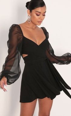 Party dresses > Aliah Puff Chiffon Wrap Dress in Black Chic V-neck Chiffon Cocktail Dress, Formal V-neck Chiffon Mini Dress, Chic V-neck Chiffon Dress For Date Night, Chic Long Sleeve Chiffon Dress For Brunch, Chiffon Dresses With Surplice Neckline For Parties, Flowy Chiffon Dress For Night Out, Flowy Mini Dress With Surplice Neckline For Party, Flowy Surplice Neckline Mini Dress For Party, Chic Flowy Chiffon Dress For Date Night