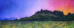 a painting of a castle on top of a hill under a purple sky with stars