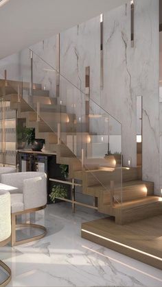 a living room filled with lots of furniture next to a stair case covered in marble