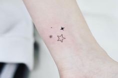 a small star tattoo on the wrist is shown in black and grey colors, with three smaller stars above it