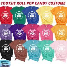 many different colored shirts with the words tootsie roll candy costume on them