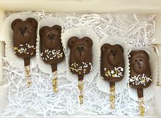 there are five chocolate bears on sticks in a box with gold sprinkles