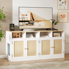 a white entertainment center with wicker doors and drawers in a living room next to a potted plant