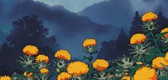 a painting of yellow flowers in the foreground and mountains in the background with dark clouds