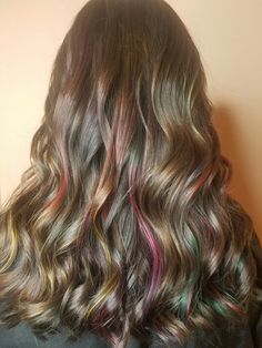 Oil slick Oil Slick Highlights, Oil Spill Hair Blonde, Emmy Core, Aesthetic Surgeon, Funky Hair Colors, Hair References, Peekaboo Highlights