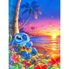 a painting of a blue cartoon character playing guitar on the beach with palm trees in the background