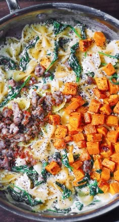 Creamy Butternut Squash Pasta with Sausage and Spinach Julias Album Recipes Butternut Squash, Butternut Squash Pasta With Sausage, Christmas Pasta Dishes, Pasta With Sausage And Spinach, Roasted Butternut Squash Pasta, Creamy Butternut Squash Pasta, Butternut Squash Recipes Pasta, Julia's Album, Squash Pasta Recipe