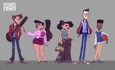 some cartoon characters are standing together in different poses