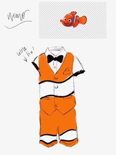 an orange and white outfit with a clown fish on the side, next to it