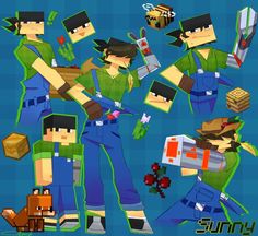 the minecraft characters are all wearing blue overalls and green shirts, one is holding a knife