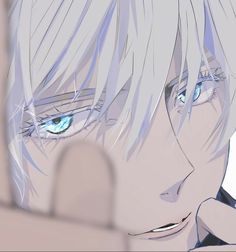 an anime character with white hair and blue eyes looking at something in front of him