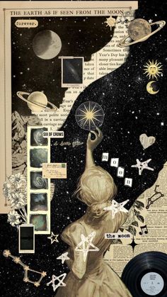 an altered collage with space, stars and other things in the sky on top of it