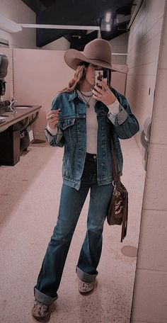 Denim Jacket Western Outfit, Sweater Vest Western Outfit, Punchy Cowgirl Aesthetic, Jean Jacket Outfits Western, Denim Jacket Outfit Western, Denim On Denim Outfit Western, Vintage Cowgirl Aesthetic Outfits, Western Church Outfit Winter, Western Jean Jacket Outfit