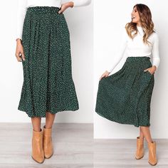 White Dots Floral Print Pleated Midi Skirt Women Elastic High Waist Side Pockets Skirts Summer  Elegant Female Bottom Style A Flowy Skirt, Business Casual Accessories Women, Green Floral Midi Skirt, Long Skirt Petite Woman, Capsule Wardrobe Skirts, Trendy Skirts Long, Long Sleeve Shirt With Skirt, How To Style A Midi Skirt, Boho Professional Style