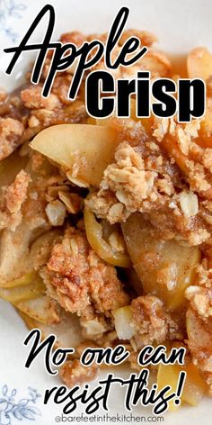 an apple crisp is shown on a plate with the words, no one can resist this