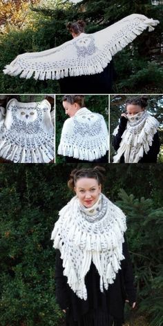 an owl shawl is shown in four different pictures, including one with wings and the other with fringes