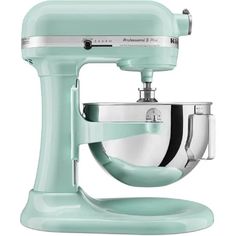 an aqua blue mixer is on display against a white background with the words kitchen aid written below it