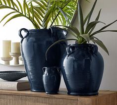 three blue vases sitting on top of a wooden table next to a mirror and potted plant