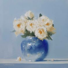 a painting of white flowers in a blue vase