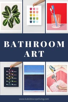 the bathroom art poster is shown with different pictures and colors on it, including plants