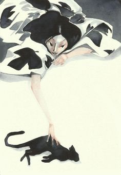 a drawing of a woman laying in bed with a cat on the floor next to her