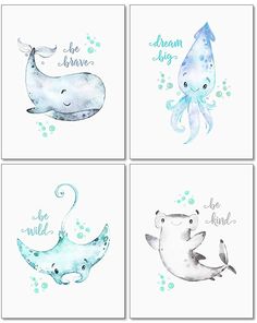 four watercolor paintings of sea animals with the words dream, be brave and be kind