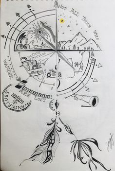 a drawing of a compass and some other things