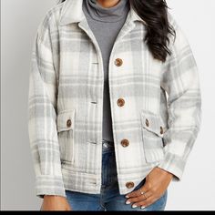 Nwot Maurices Plaid Jacket Button Down Jacket, Gray Plaid, Plaid Jacket, Plaid Print, Sweater Weather, Gray White, Down Jacket, Button Downs, Winter Outfits