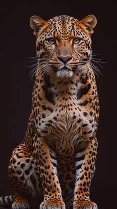 a large leopard sitting on top of a black floor next to a dark background and looking at the camera