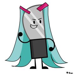 a cartoon character with blue hair holding a cell phone