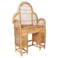 a desk with a chair made out of rattan