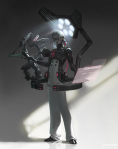 a robot holding a laptop and some lights