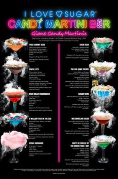 the poster for candy martinis is shown in different colors and flavors, including red, white