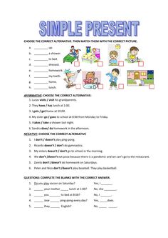 the simple present tense worksheet is shown in this image, it includes pictures and words