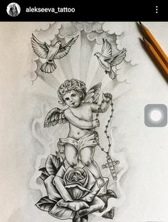 a pencil drawing of an angel on top of a rose with two doves above it