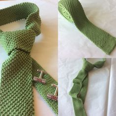 a green knitted neck tie with two ties attached to it